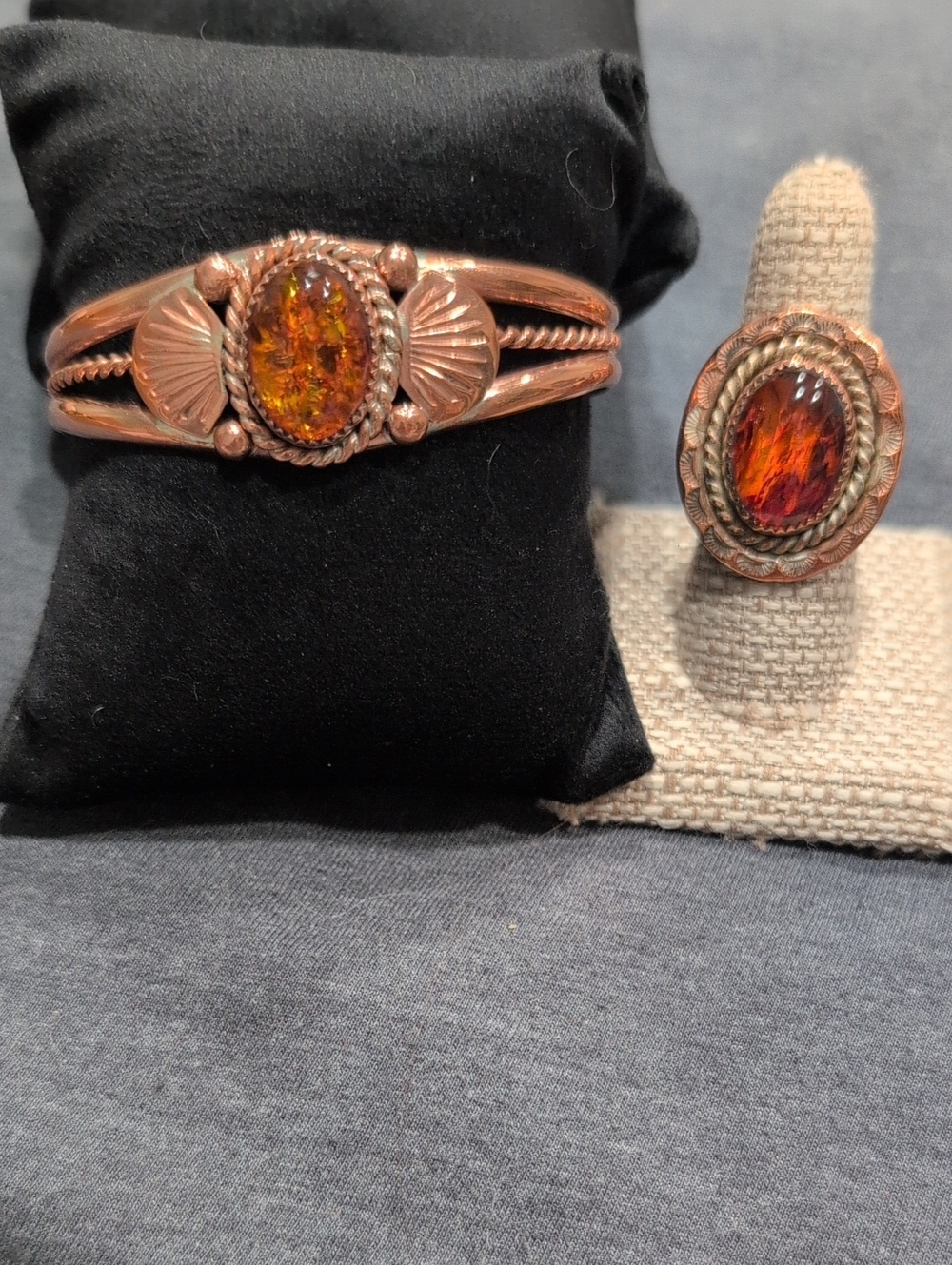 Copper Bracelet & Ring Set with Amber Oval Stones By Silversmith Ray Bennett